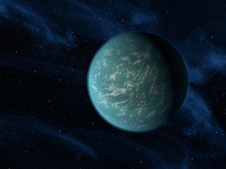 Umetnikova predstava planeta Kepler-22b, ki v območju, primernem za življenje, kroži okrog Soncu podobni zvezdi.