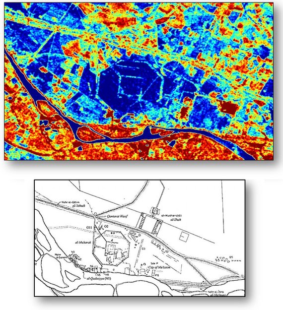 Radarsat2 - entropijska slika in arheološki zemljevid območja okrog osemkotne strukture - dela antičnega mesta Samarra, 130 km severno od Bagdada, Irak. Te rezultate je pridobila Nicole Dore s pomočjo tehnike oddaljenega odkrivanja Polarimetric SAR v sodelovanju univerz La Sapienza (italija) in Rennes 1 (Francija).