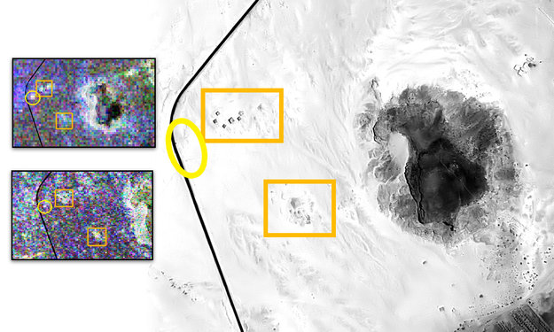 Z uporabo tehnike oddaljenega odkrivanja Polarimetric SAR, fotografiji satelitov ALOS leta 2006 (levo zgoraj) in Radarsat-2 leta 2012 (levo spodaj) prikazujeta lokacijo znanih arheoloških najdišč (v oranžni barvi). Opazovanja so pokazala, da se po vsej verjetnosti pod zemljo skriva še nekaj (označeno z rumeno), kar ni prisotno na optični fotografiji (desno). Podatke je pridobila Jolanda Patruno.